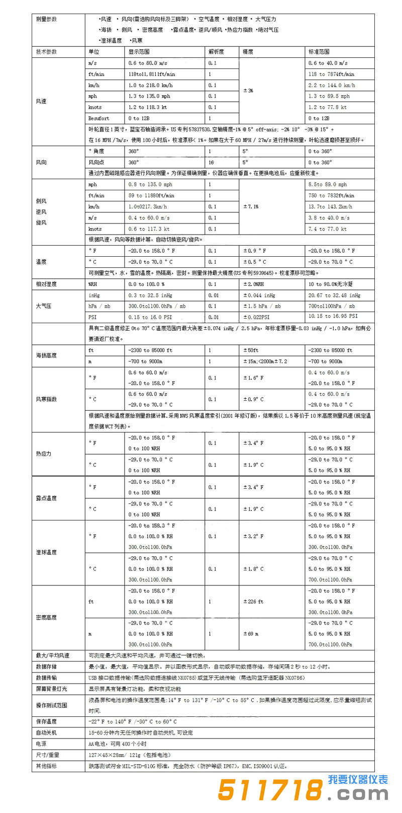 美国NK5700S(Kestrel 5700S)综合气象仪技术参数.png